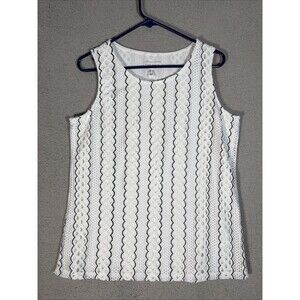 Susan Graver Tank Top Women’s Size M White Black Textured Crochet Eyelets Preppy